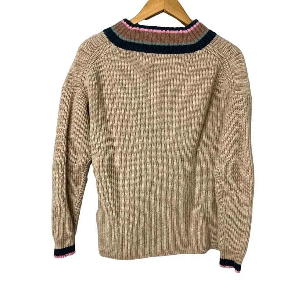 Madewell Tipped Forrest V Neck Knit Sweater Tan Size Small MC009 - Picture 6 of 9